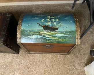 4 chests  clipper ship  painting , buckles, straw. basket