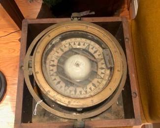 Vintage nautical ship compass with wooden case
