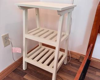 Wooden side table with slat shelves, cream/off-white finish 26"H x 15"W x 13"D