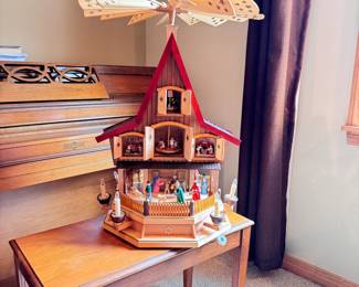 Erzgebirge (Germany) Large 3-Tier Adventhouse - Nativity Scene, overall good condition, lights up, center will spin but needs adjustment/repair to gearbox as it sticks, also metal pin to allow fan to rotate needs replaced 30"H x 20"W