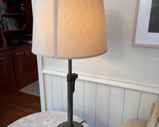 Adjustable height table lamp with barrel shade, adjusts to 30"H