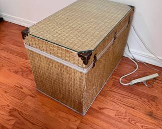 Vintage hinged wooden chest with woven grass cover, some wear inside and out, has a custom glass top 20"H x 28"W x 16"D (in upper level)