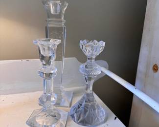 Small grouping of 3 clear glass candlesticks, tallest is 9"