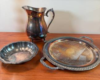 Silverplated candy dish, water pitcher, and 12" handled tray