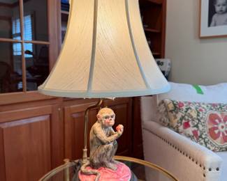 Ceramic monkey lamp, shade's liner is cutout, monkey has been glued in several places, but still very cute 20"H