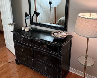 Spainhour distressed black dresser and mirror (mirror is 30"H) chest is 32"H x 48"W x 18"D ((This item is upstairs) 