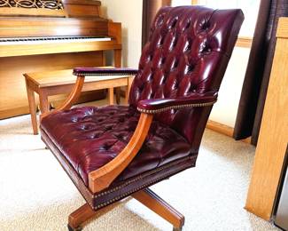 Hickory Leather Company tufted dark red office chair, some wear to surface as seen is 48"H x 24"W (This item is downstairs) 