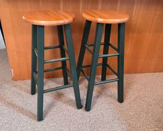 Pair of wooden bar stools natural seats and green painted legs 28"H x 12"W