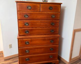 Cushman Colonial tall chest, one piece, very nice condition, minor wear and scratches, approx. 38ʺW × 20ʺD × 55ʺH (This item is in the lower level and requires  skilled movers)  