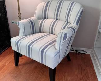 Ivory and blue armchair, minor wear 30"H x 25"W (This item is upstairs) 