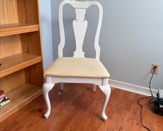 Large white painted side chair with yellow and white striped seat 40"H x 20"W