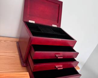 Small jewelry box with cherry finish, lid slightly misaligned 7"H x 10"W x 8"D