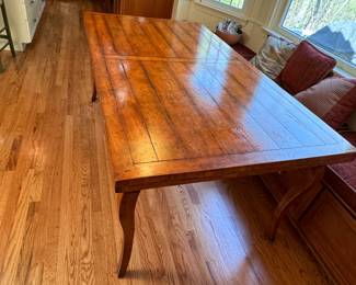 Modern farmhouse Pottery Barn dining table with easy pull-out extensions on each end, some wear to finish more on one end, otherwise in great condition, 6 ft. L x 40in. W, 9.5 ft. long with extensions