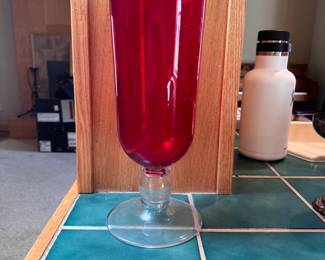 Ruby glass vase with clear foot 13"