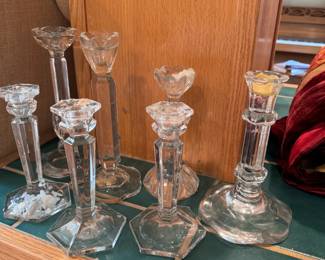 Group of clear glass candlesticks, need some wax cleanup, 5-8"H