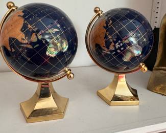 Pair of brass and stone inlay small globes 5"H