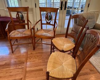 Rush seat  armchairs with rooster back splat and spindle back side chairs, very minor wear (see extra photos in listing) 
