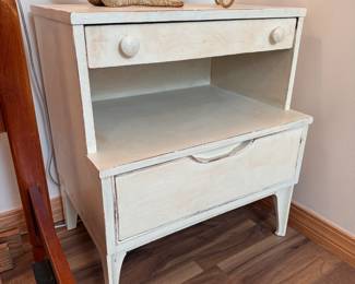 Step-back side table with two drawers, off-white/cream distressed painted finish 25"H x 23"W x 16"D (This item is downstairs) 