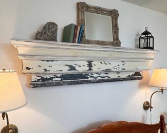 Pottery Barn wooden (hollow core) mantle/ decorative ledge shelf with a distressed finish, tiered design 16"H x 66"L x 9"D