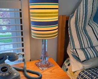 Ice blue lucite side table lamp with blue and green striped shade 19"H