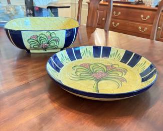 Laurie ceramic large bowl (has a few minor chips) and round platter 14"W, yellow floral with dark blue stripes