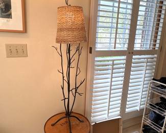 Beaded cast iron branch lamp with woven shade 3.5 ft. tall
