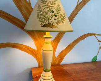 Ceramic table lamp with botanical painted shade, cream with green bands 26"H