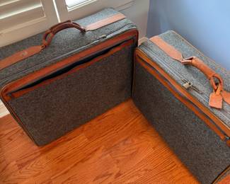 Vintage fabric suitcases with leather accents, minor spots largest is 26"W x 20"H