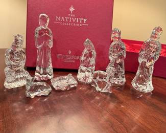 Waterford Crystal nativity with Mary, Joseph, Jesus, lambs and wisemen, appear all in good condition and have original storage boxes, tallest is 6"H