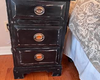 Spainhour side table with distressed black finish, minor stains inside drawers 26"H x 17"W (This item is upstairs) 