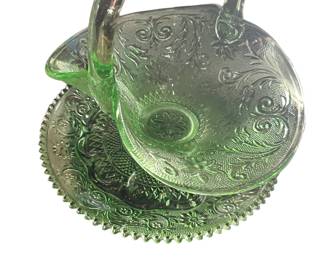 Green glass basket and plate.  