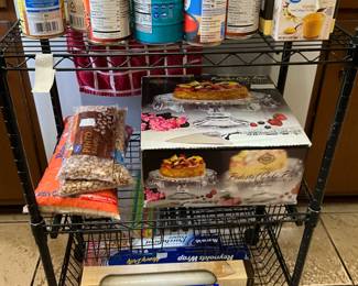 Black metal cart, kitchen items & food 