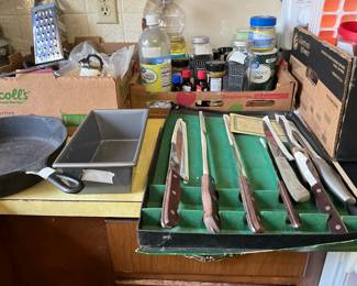 Kitchen - knife set, small loaf pan, condiments, salt,metc in box, loaf pan, iron skillet & box of utensils