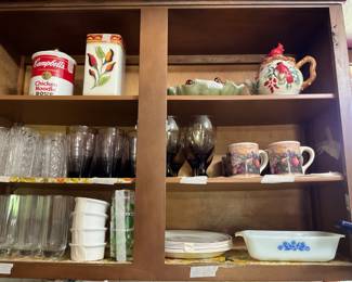 Kitchen - glasses sets, cups, Corning ware dish & miscellaneous 
