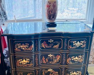 Et cetera by Drexel Heritage, black lacquer Chinoiserie, 18th century style, with three long shaped drawers, 80cm H x 98cm W x 49cm