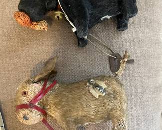 Antique vintage mini mohair windup donkey and dog