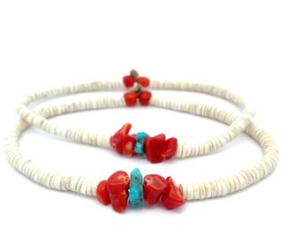 Southwest Collection: Navajo Turquoise, Coral Chipped & White Stone Heishi Beaded Bracelets - Matching Set of 2