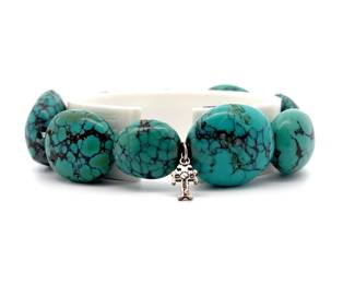 Southwest Collection: Large Turquoise Nugget Bead Bracelet w/ Stamped Cross Charm