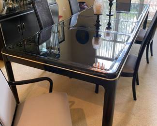 NOW $1100 (was $1,650 )- American of Martinsville Black lacquer table 60"L +44" with leaves & 29H x44W with 4 chairs & 2 arms 42"H/19W & Black lacquer china cabinet 64Wx15Dx80T 