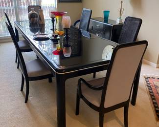 NOW $1100 (was $1,650 )- American of Martinsville Black lacquer table 60"L +44" with leaves & 29H x44W with 4 chairs & 2 arms 42"H/19W & Black lacquer china cabinet 64Wx15Dx80T 