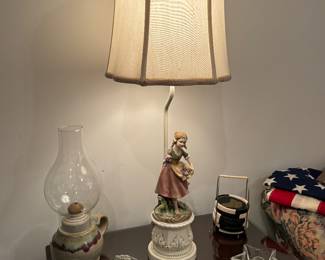 Capodimonte lamp (2 of 2), stoneware oil lamp, rocks, vintage coasters, candle holders