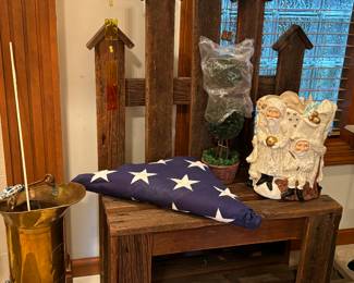 Rustic bench, flag, department 56 Santa planter / container