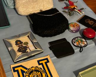 Vintage U.S. Naval Academy water transfer sticker, vintage purses, police officer needlepoint