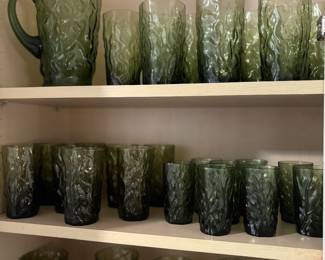 Fantastic vintage set of mid century green crinkle glass