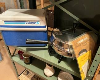 Coleman cooler, farberware mid century fry pan