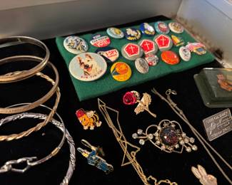 Pins, bangles, necklace, jewelry