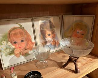 Vintage 1950's Frances Hook framed prints, mid century bowl