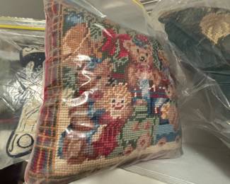 Needlepoint train / bear pillow