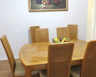 American of Martinsville Mid Century Modern Dining Room Table with 8 Cane Back Chairs & Leaf