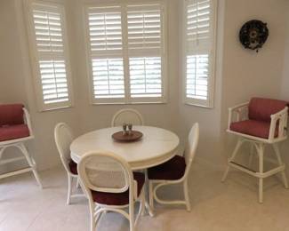 White Rattan Kitchen Dining Table with 6 Chairs & 2 Leaves